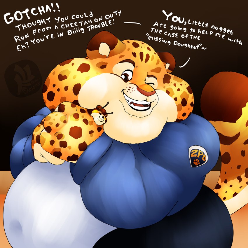 antennae_(anatomy) anthro belly brown_body brown_fur clothing cuddling duo fur holding_another hyper male male/male manhandling micro obese obese_anthro obese_male overweight overweight_anthro overweight_male simple_background size_difference smile smothering teasing text wings yellow_body fujiyama_samoyed disney zootopia benjamin_clawhauser bumble_beans_(fujiyamasamoyed) arthropod bee bumble_bee_(species) canid canine cheetah felid feline hybrid hymenopteran insect mammal raccoon_dog tanuki 1:1 english_text hi_res