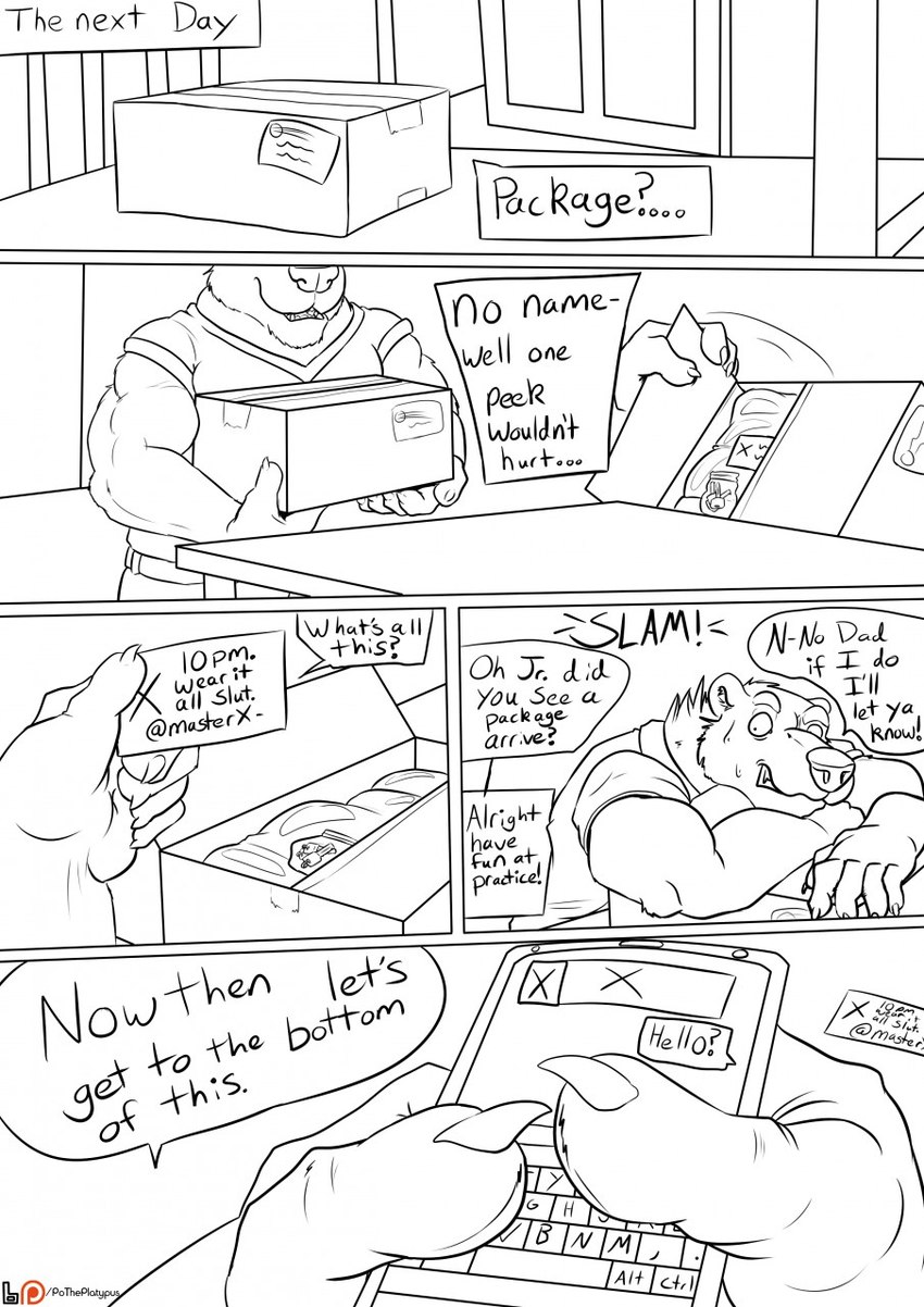 anthro base_four_layout blockage_(layout) cellphone claws degradation dialogue electronics finger_claws five_frame_image four_row_layout fur horizontal_blockage male overweight overweight_male phone profanity solo speech_bubble text v-neck_shirt plaguedobsession jr_(plaguedobsession) bear mammal 2018 comic digital_drawing_(artwork) digital_media_(artwork) english_text hi_res monochrome