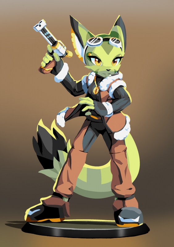 anthro clothed clothing eyewear female fur goggles green_body green_fur gun handgun pistol ranged_weapon solo weapon yellow_eyes goshaag freedom_planet galaxytrail corazon_tea felid feline felis mammal wildcat 2018 absurd_res hi_res