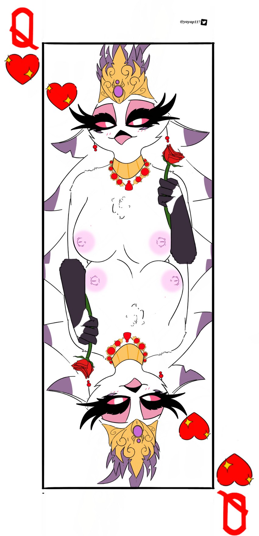 anthro beak bedroom_eyes big_breasts blush breasts card card_template chest_tuft crown eyelashes eyeshadow feathers female flower headgear hearts_(suit) jewelry makeup mascara narrowed_eyes nipples pink_eyes pink_eyeshadow pink_nipples plant playing_card playing_card_template queen queen_of_hearts_(card) rose_(flower) royalty seductive smile solo symmetry symmetry_(rotational) thick_eyelashes tuft white_body white_feathers elelite helluva_boss stella_(helluva_boss) avian avian_demon bird 2022 digital_drawing_(artwork) digital_media_(artwork) hi_res portrait