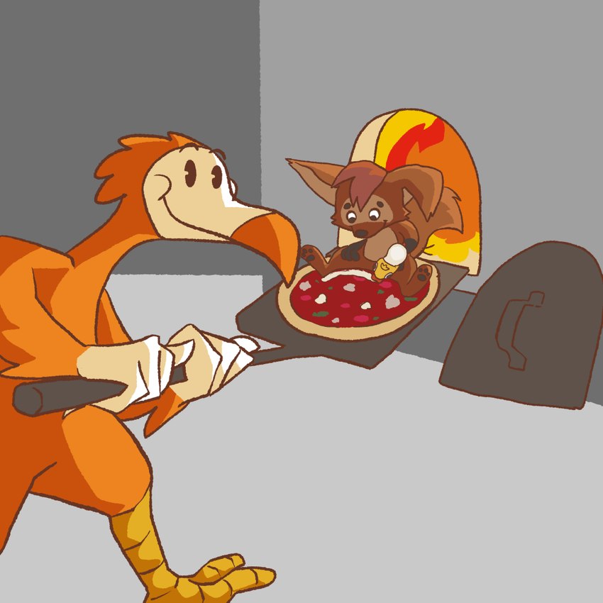 anthro cooking duo female feral food male pizza unknown_artist dodo_pizza prostokvashino tama-tama avian bird columbid dodo hybrid recently_extinct_species 1:1