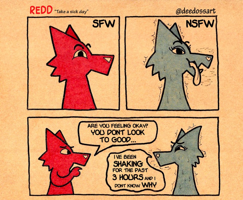 ambiguous_gender anthro bodily_fluids cardboard dialogue duo heart_nose heart_symbol simple_coloring simple_eyes simple_face steam sweat text tongue tongue_out worried deedoss redd_(deedoss) canid canine canis fox mammal wolf comic english_text hi_res