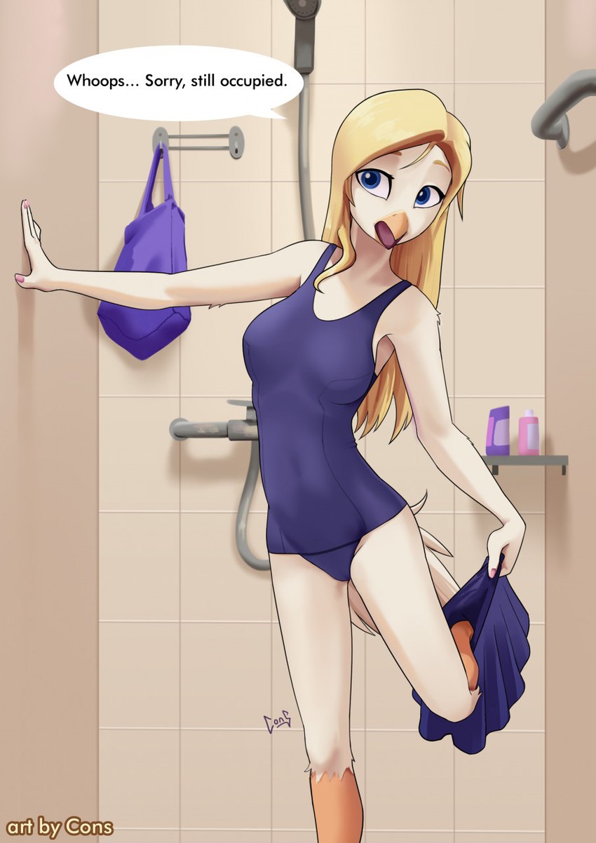 anthro avian_feet bag blonde_hair blue_eyes bottomwear breasts clothing dialogue feathers female hair inside one-piece_swimsuit open_mouth shower skirt solo swimwear undressing white_body white_feathers pwnagespartan marie_(pwnagespartan) avian bird columbid dove hi_res