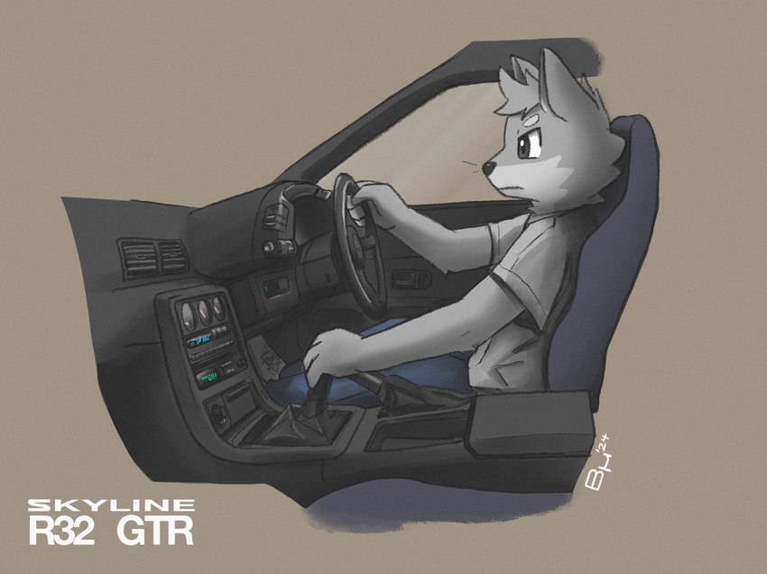 ambiguous_gender anthro car clothed clothing dashboard door focused footwear grey_body handbrake head_tuft inside_car internal manual_shifter shoes sitting solo steering_wheel tuft vehicle window bruno_borker nissan nissan_gtr nissan_skyline canid canine canis domestic_dog mammal detailed hi_res