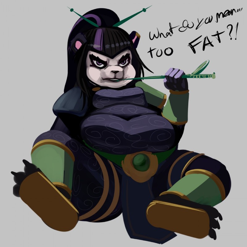 anthro belly big_belly black_hair breasts dialogue female hair love_handles obese obese_anthro obese_female overweight overweight_anthro overweight_female purple_eyes solo text metalforever blizzard_entertainment hearthstone warcraft aya_blackpaw bear mammal pandaren 1:1 english_text hi_res