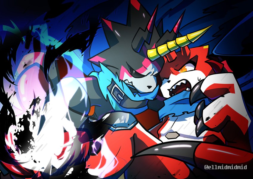 anthro belt black_body black_sclera cape claws clothing duo glowing glowing_eyes horn male red_body scarf sharp_teeth teeth yellow_eyes ellmidmidmid bandai_namco digimon digimon_ghost_game betelgammamon digimon_(species) gulusgammamon scalie absurd_res hi_res