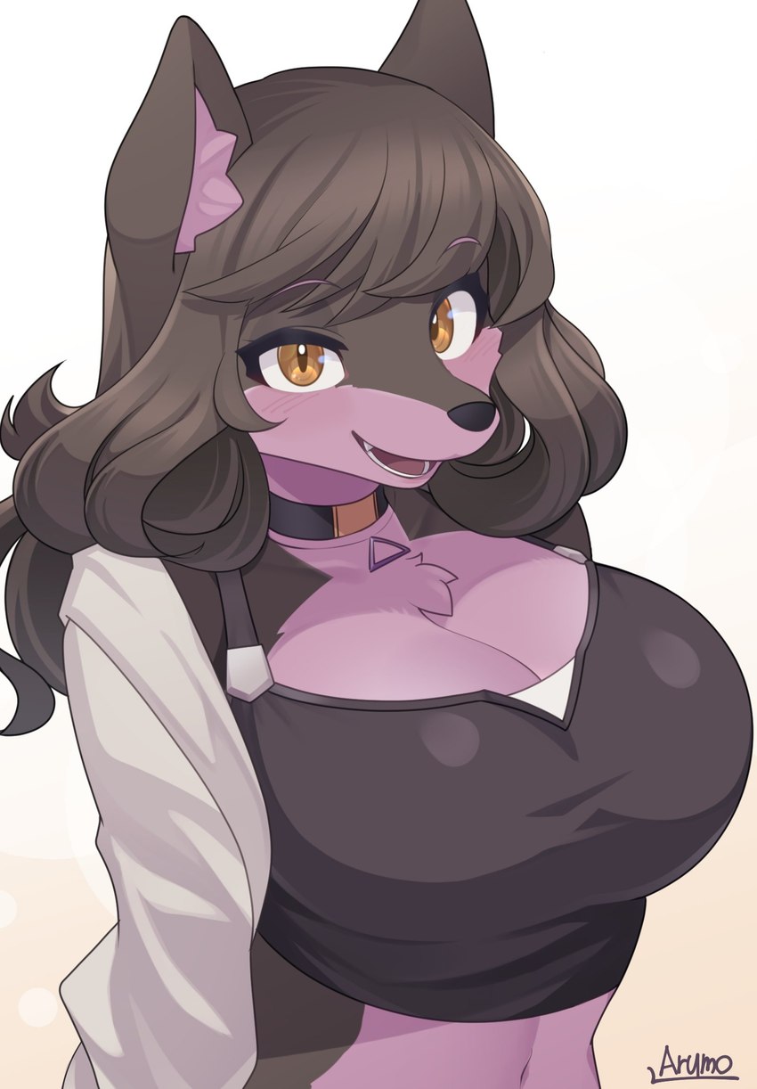 anthro bangs big_breasts biped black_body black_fur black_hair black_nose breasts chest_tuft choker cleavage clothed clothing crop_top eyebrow_through_hair eyebrows fangs female fur hair inner_ear_fluff jacket jewelry kemono looking_at_viewer midriff navel necklace open_mouth open_smile purple_body purple_fur shirt simple_background smile solo swept_bangs teeth topwear translucent translucent_hair tuft upper_body white_background white_clothing white_jacket white_topwear yellow_eyes arumo vtuber exy canid canine canis mammal wolf hi_res signature