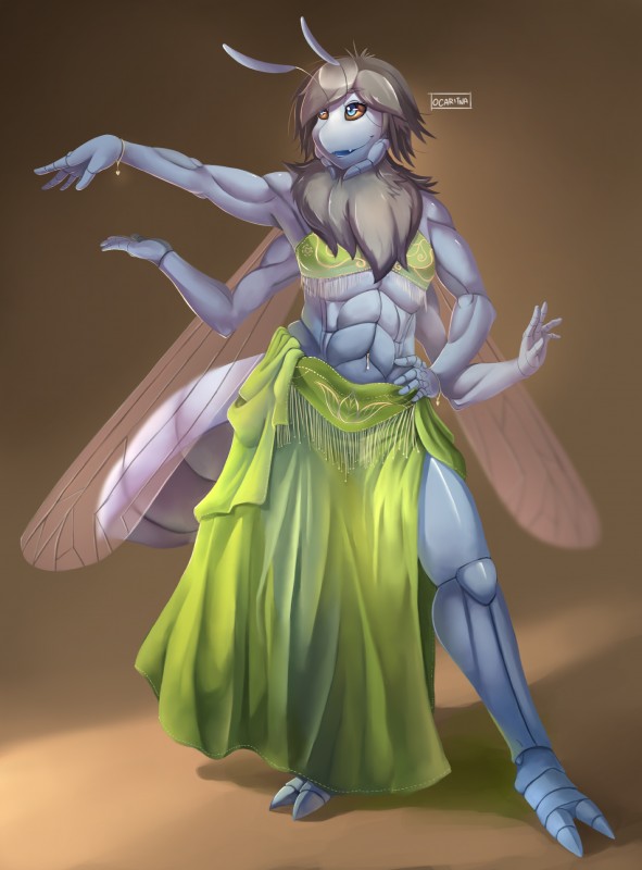 2_toes 4_arms 5_fingers antennae_(anatomy) anthro arthropod_abdomen belly_dancer blue_eyes bracelet brown_background clothed clothing dancing dress feet femboy fingers front_view fur hair insect_wings jewelry male mandibles multi_arm multi_limb navel navel_pendant navel_piercing open_mouth piercing pose simple_background smile solo toes translucent translucent_clothing translucent_hair translucent_wings wings ocaritna sal arthropod fly_(animal) insect silver_stiletto_fly stiletto_fly 2016 absurd_res digital_media_(artwork) hi_res signature