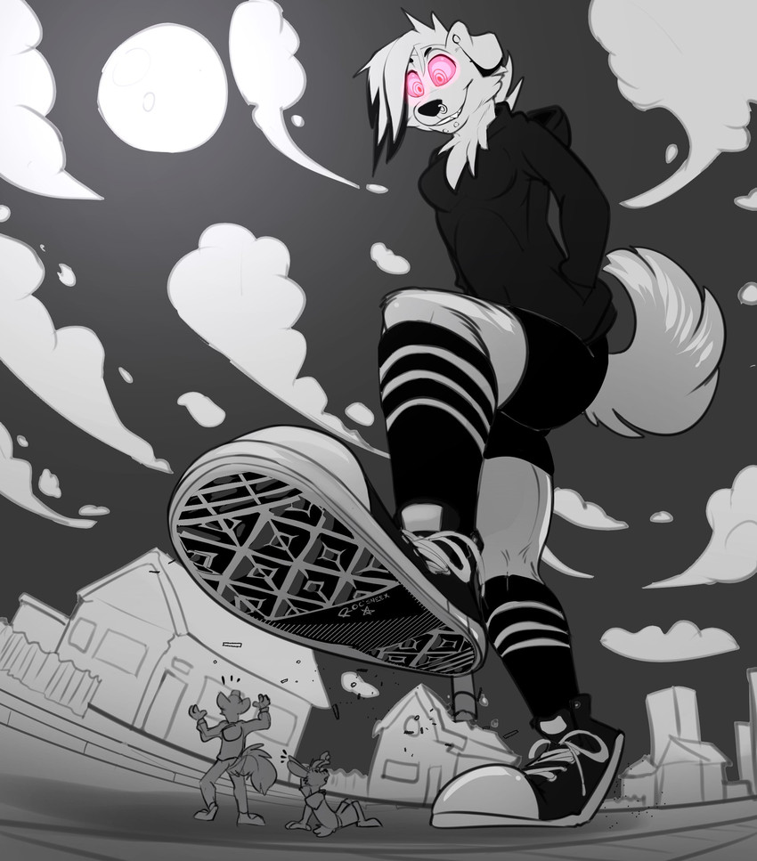 ambiguous_gender anthro biped black_bottomwear black_clothing black_eyebrows black_hair black_hoodie black_markings black_nose black_shorts black_topwear bottomwear breasts building cheek_tuft city clothed clothing cloud detailed_background dominant dominant_anthro dominant_female ear_piercing eyebrows facial_piercing facial_tuft fangs feet female female_focus fence floppy_ears fluffy fluffy_tail foot_fetish foot_focus foot_play footwear fur fur_tuft glowing glowing_eyes grey_body grey_fur grin group hair hand_in_pocket head_tuft hoodie house imminent_stomp laces larger_anthro larger_female looking_at_another looking_down looking_up low-angle_view lying macro macro_focus markings micro moon multicolored_hair neck_tuft night nose_piercing on_back on_ground outside paws piercing pink_eyes pink_sclera pockets raised_leg rampage ring_piercing road scared shadow shoes short_hair shorts side_view sitting size_difference sky small_tail smaller_ambiguous smaller_anthro smile smirk socks solo_focus standing stepped_on stepping stomping street tail teeth text three-quarter_view topwear tuft walking white_text beherit nintendo pokemon fan_character kenzie_(quakeroc) canid canine generation_7_pokemon lagomorph leporid lycanroc mammal midnight_lycanroc pokemon_(species) rabbit 2020 digital_drawing_(artwork) digital_media_(artwork) greyscale hi_res monochrome