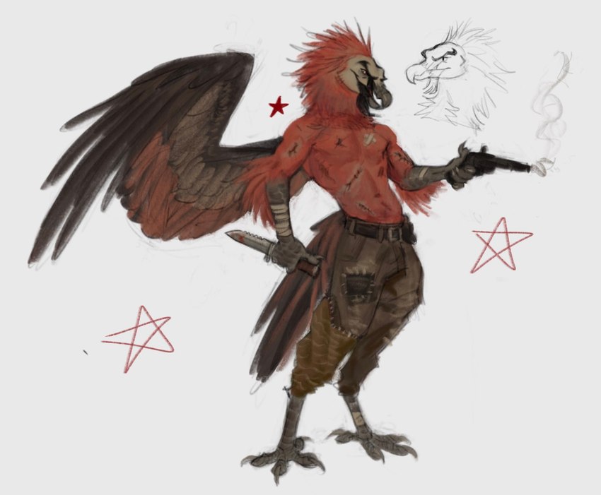 anthro arm_wound avian_feet bandage bandaged_arm beak belt blood blood_on_weapon bodily_fluids bottomwear clothed clothing feathered_tail feathered_wings feathers gun healing_wound knife male missing_wing pants patch_(fabric) ranged_weapon scuted_arms scuted_feet scutes simple_background smile smiling_at_viewer smirk smirking_at_viewer smoking_gun solo standing tail topless topless_anthro topless_male torso_wound weapon wings wounded apxphenia accipitrid accipitriform avian bearded_vulture bird old_world_vulture vulture digital_media_(artwork) hi_res