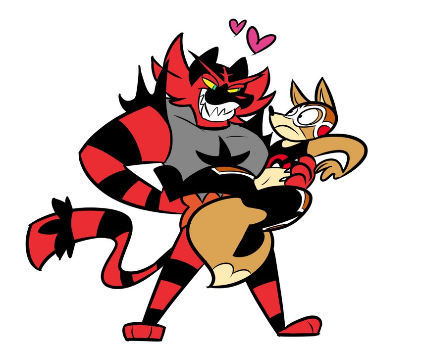 anthro carrying_another clothing cosplay cosplay_pikachu_(costume) crossover_cosplay duo eye_contact heart_symbol looking_at_another male mask simple_background teeth white_background rusheloc nintendo pokemon star_fox fox_mccloud pikachu_libre canid canine fox generation_7_pokemon incineroar mammal pokemon_(species) crossover