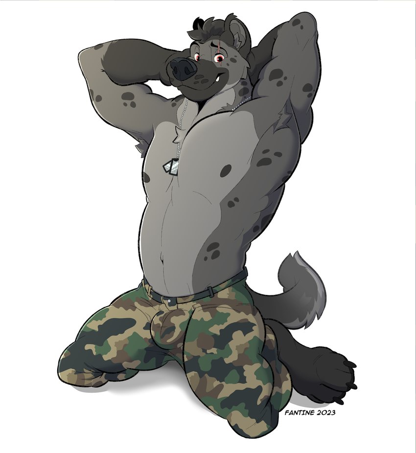 abs anthro armpit_hair arms_behind army army_outfit army_uniform barefoot biceps body_hair bottomwear bulge bulge_focus camo camo_bottomwear camo_clothing camo_pants camo_print clothed clothing dog_tags erection erection_under_bottomwear erection_under_clothing erection_under_pants eye_scar facial_scar feet fur grey_body grey_fur hands_behind_head looking_at_viewer male manly markings military military_clothing military_pants military_uniform muscular muscular_anthro muscular_male nipples open_bottomwear open_clothing open_pants pants pattern_bottomwear pattern_clothing pattern_pants pecs pose presenting red_eyes scar seductive simple_background soldier soldier_uniform solo spots spotted_body spotted_fur spread_legs spreading tail thick_arms topless topless_anthro topless_male uniform unzipped unzipped_pants warrior white_background zipper fantine hyena mammal spotted_hyena 2023 digital_media_(artwork) hi_res