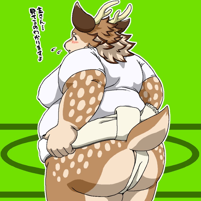 anthro asian_clothing big_butt blush brown_body brown_fur butt clothing east_asian_clothing embarrassed fur japanese_clothing male markings mawashi moobs shirt solo spots spotted_body spotted_fur sumo_wrestler t-shirt text topwear butti_myroom tamacolle kazusa deer mammal 1:1 japanese_text