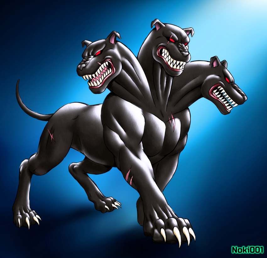 3_heads ambiguous_gender angry claws dark_lighting feral multi_head paws red_eyes scar sharp_teeth simple_background snarling solo standing tail teeth noki001 disney disney's_hercules european_mythology greek_mythology mythology cerberus_(disney) canid canid_demon canine cerberus demon hellhound mammal mythological_canine mythological_creature hi_res