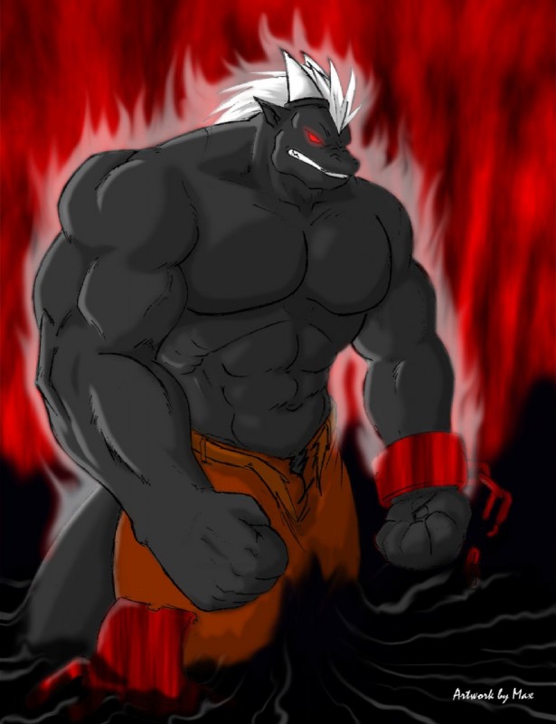 abs anthro biceps big_muscles biped bottomwear chain clothed clothing cuff_(restraint) fangs fur glowing glowing_eyes horn huge_muscles male muscular muscular_anthro muscular_male pants pecs red_eyes restraints shackles solo standing tail teeth topless vein timberwolfmax mythology dragon mythological_creature mythological_scalie scalie hi_res