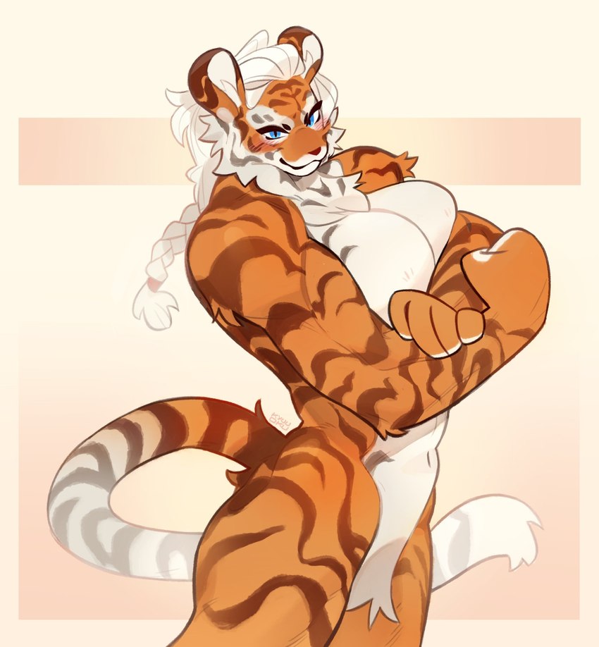 anthro big_breasts blue_eyes braided_hair breasts clothed clothing female hair muscular muscular_female nude pubes solo striped_body stripes topwear kyuuoku felid mammal pantherine tiger hi_res