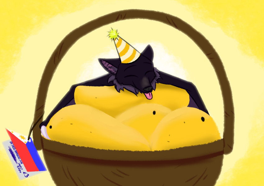 ambiguous_gender anthro basket black_body black_fur blep clothing container eyes_closed food fruit fur hat headgear headwear mango_(fruit) party_hat plant simple_background solo tongue tongue_out yellow_background theblueberrycarrots deke_(ittybittykittytittys) bat mammal megabat