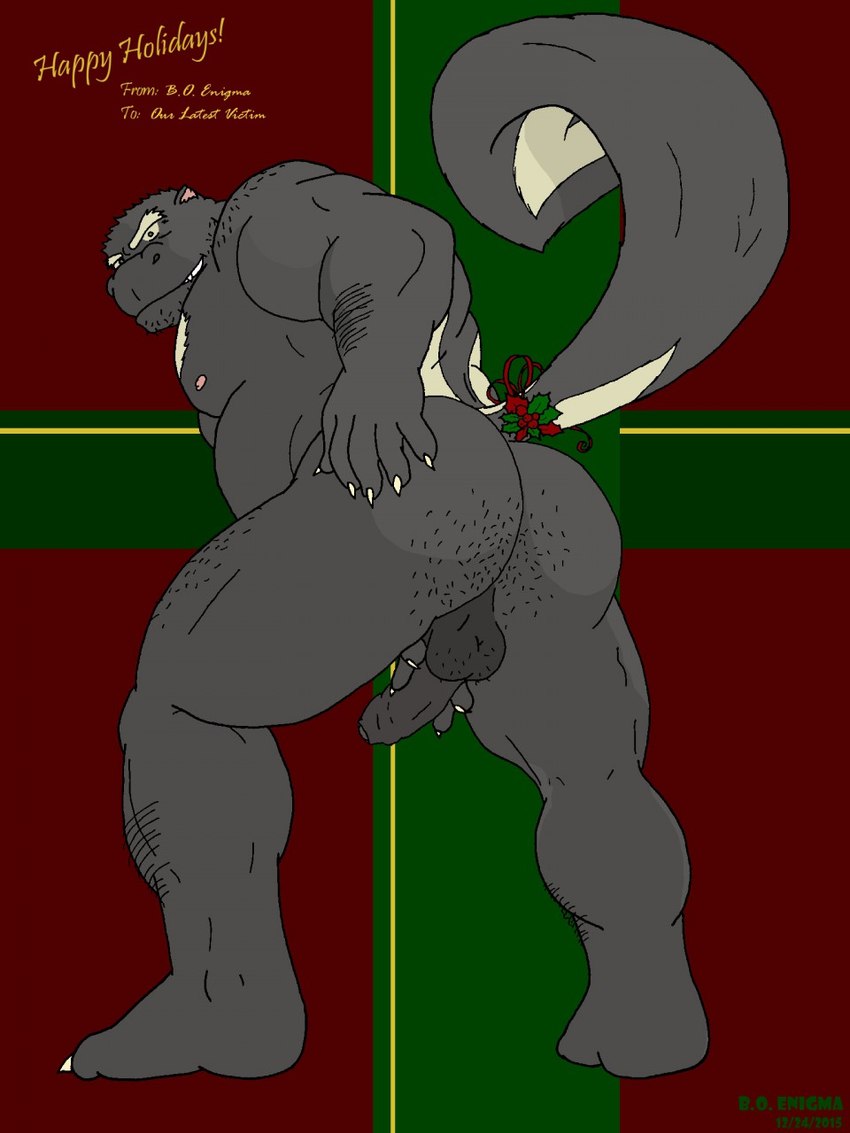 anthro balls big_butt body_hair butt butt_hair genitals holidays macho male manly muscular muscular_anthro muscular_butt muscular_male muscular_thighs nude penis presenting presenting_hindquarters raised_tail solo tail text boyofenigma christmas brutus_(boyofenigma) mammal mephitid skunk 3:4 hi_res