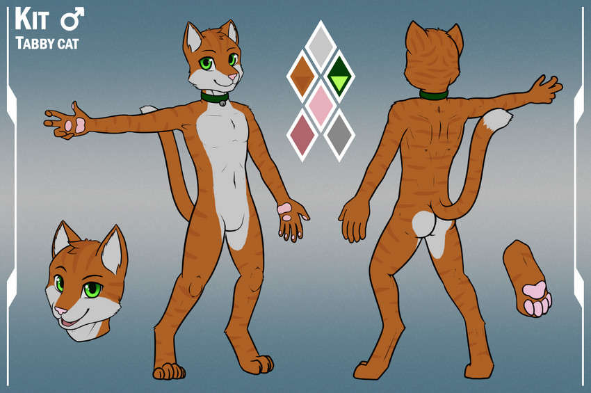 anthro bell bell_collar collar fur green_eyes male orange_body orange_fur pawpads solo linkscape kit_blackstone domestic_cat felid feline felis mackerel_tabby mammal tabby_cat model_sheet