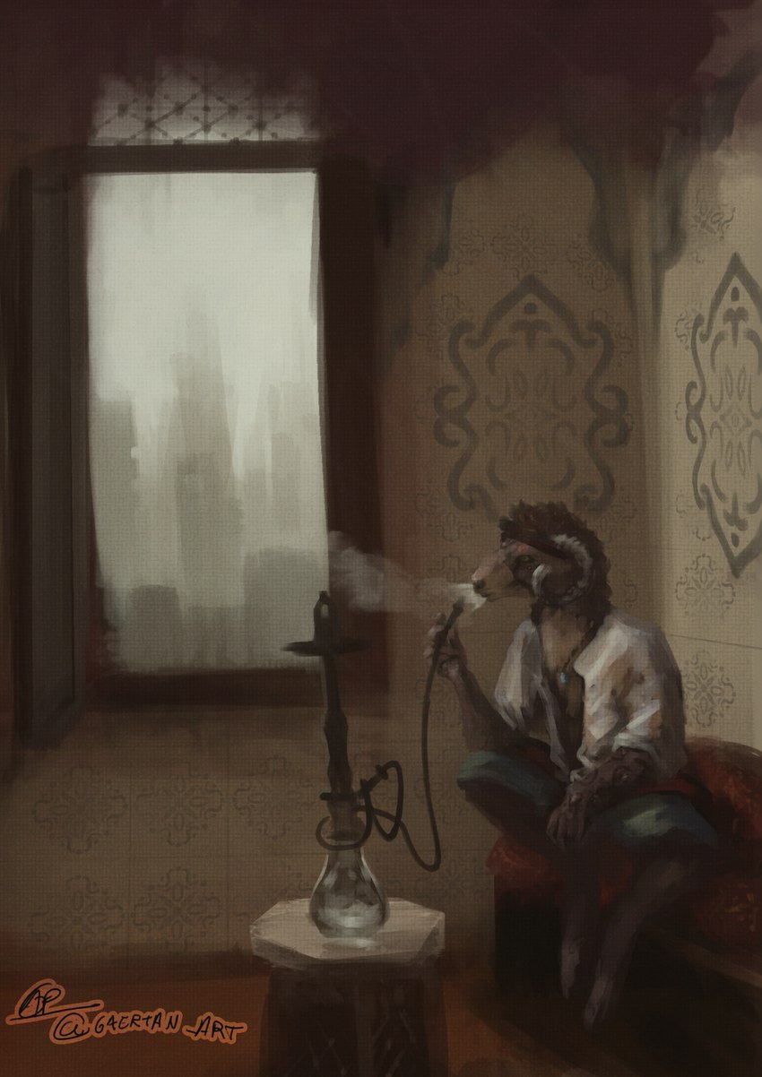 anthro chill cozy hookah lo-fi minimalist smoking speedpaint gaertan wacom bovid bovine caprine goat mammal sheep illustration digital_media_(artwork) hi_res krita_(artwork) watermark