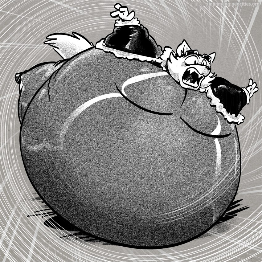 anthro belly big_belly body_inflation clothed clothing eyewear eyewear_on_head fur goggles goggles_on_head immobile inflation lying male moobs motion_lines obese obese_anthro obese_male on_front open_mouth overweight overweight_anthro overweight_male rolling scared screaming solo xinjinmeng mammal unknown_species 1:1 absurd_res greyscale hi_res monochrome