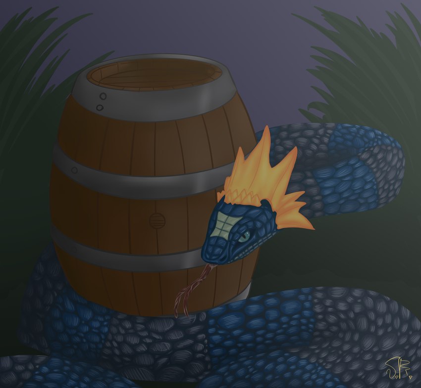 barrel blonde_hair blue_body bodily_fluids feral grass green_eyes hair night plant saliva scales solo tongue tongue_out wooden_barrel tafy_tail kings_bounty reptile scalie snake absurd_res hi_res