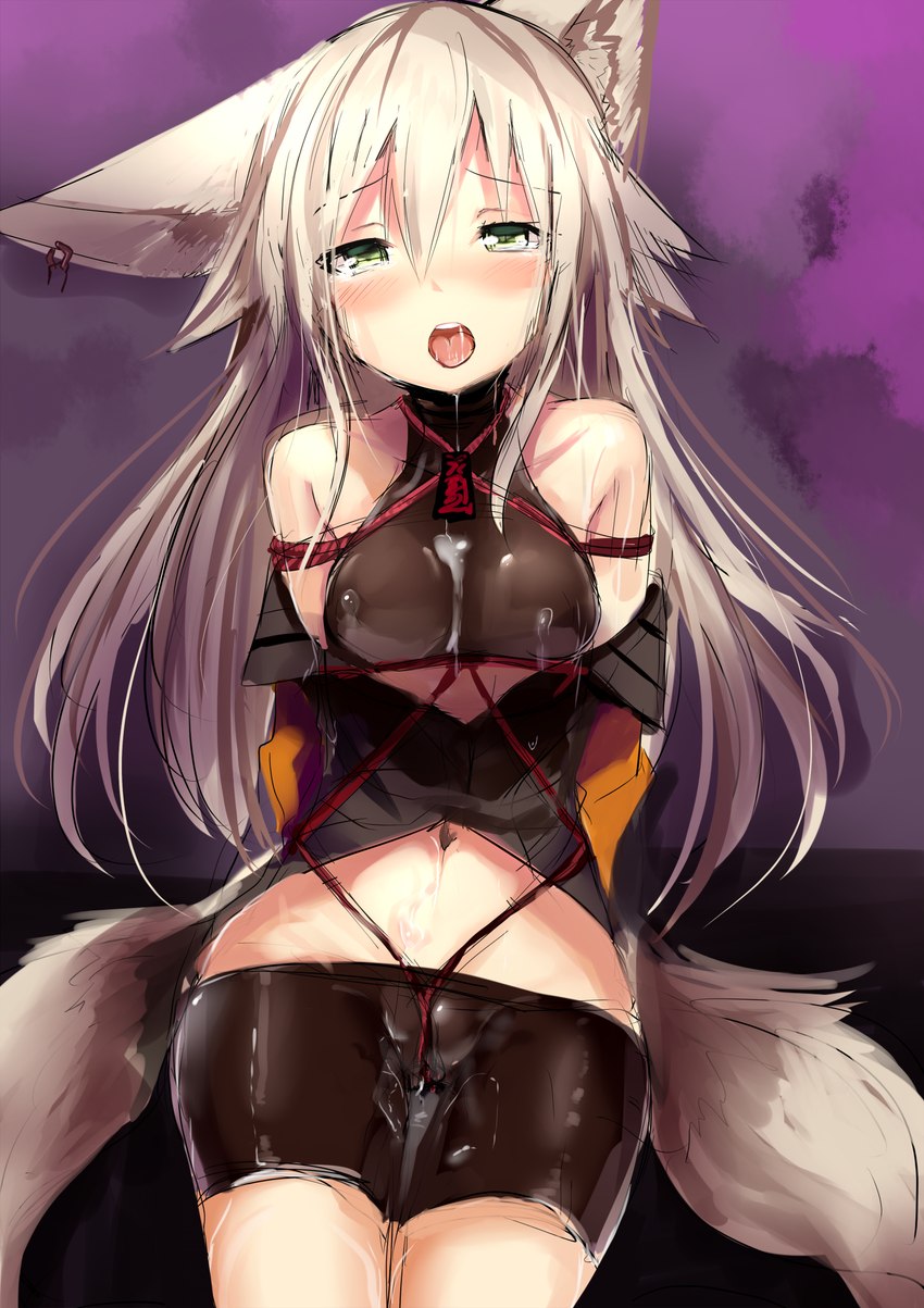 2_tails bare_shoulders bdsm big_ears blush bodily_fluids bondage bottomwear bound breasts clothed clothing cum cum_in_mouth cum_inside cum_on_belly cum_on_body cum_on_chest cum_on_tongue female front_view genital_fluids green_eyes grey_hair hair long_hair looking_at_viewer multi_tail navel open_mouth purple_background rope shorts simple_background solo standing submissive submissive_female tail tongue vaginal_fluids konozawa kokonoe_tsubaki animal_humanoid canid canid_humanoid canine canine_humanoid fox fox_humanoid humanoid mammal mammal_humanoid 2014 alternate_version_at_source hi_res