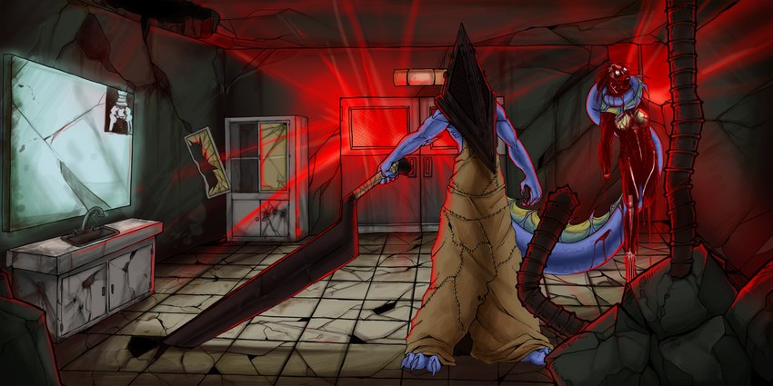 amputated_limb anthro apron asphyxiation blood bodily_fluids breasts choking clothing death detailed_background duo female gore great_knife_(silent_hill) horror_(theme) killing male prehensile_tail skinless tail sage116 konami mythology silent_hill levi_(gentorgal) pyramid_head dragon human mammal mythological_creature mythological_scalie scalie 2:1 character_request digital_media_(artwork)