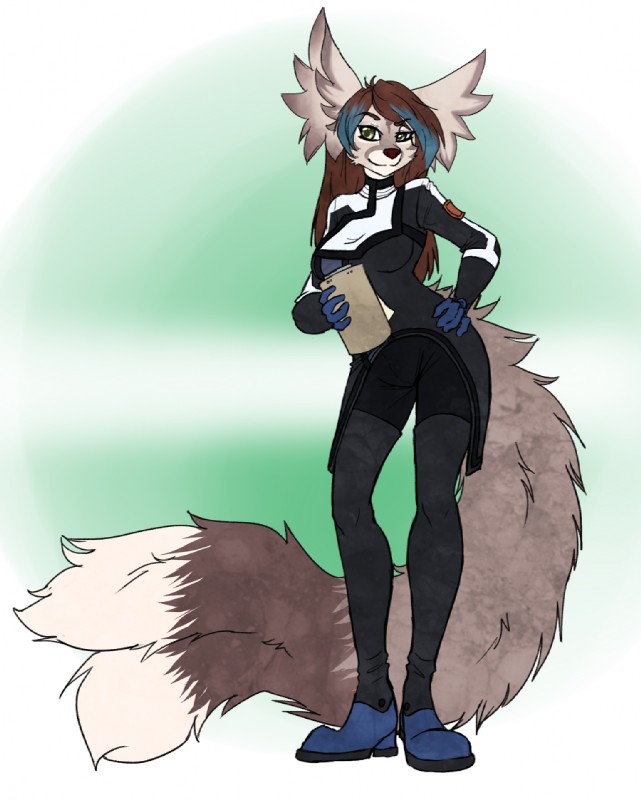 anthro biped breasts clipboard clothed clothing female footwear fur hair holding_clipboard holding_object looking_at_viewer shoes simple_background smile solo standing alruic shae_(skaii_flow) canid canine fennec_fox fox mammal true_fox