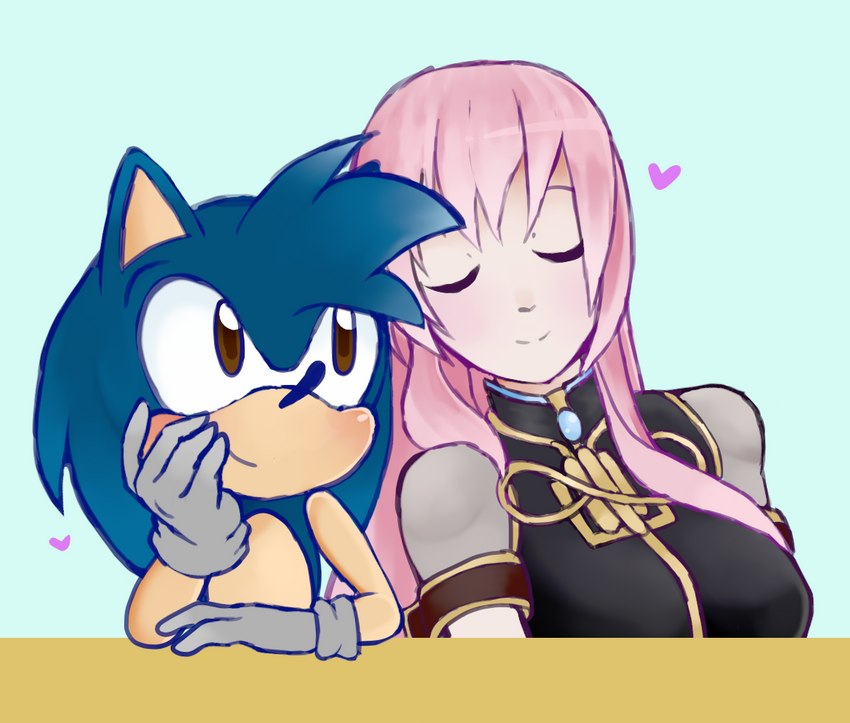 anthro blue_body blush brown_eyes clothing duo eyes_closed female hair heart_symbol long_hair looking_at_another looking_at_partner male pink_hair simple_background sleeping_on_partner lavenderaraliya sega sonic_the_hedgehog_(series) vocaloid fan_character megurine_luka eulipotyphlan hedgehog human mammal 2019