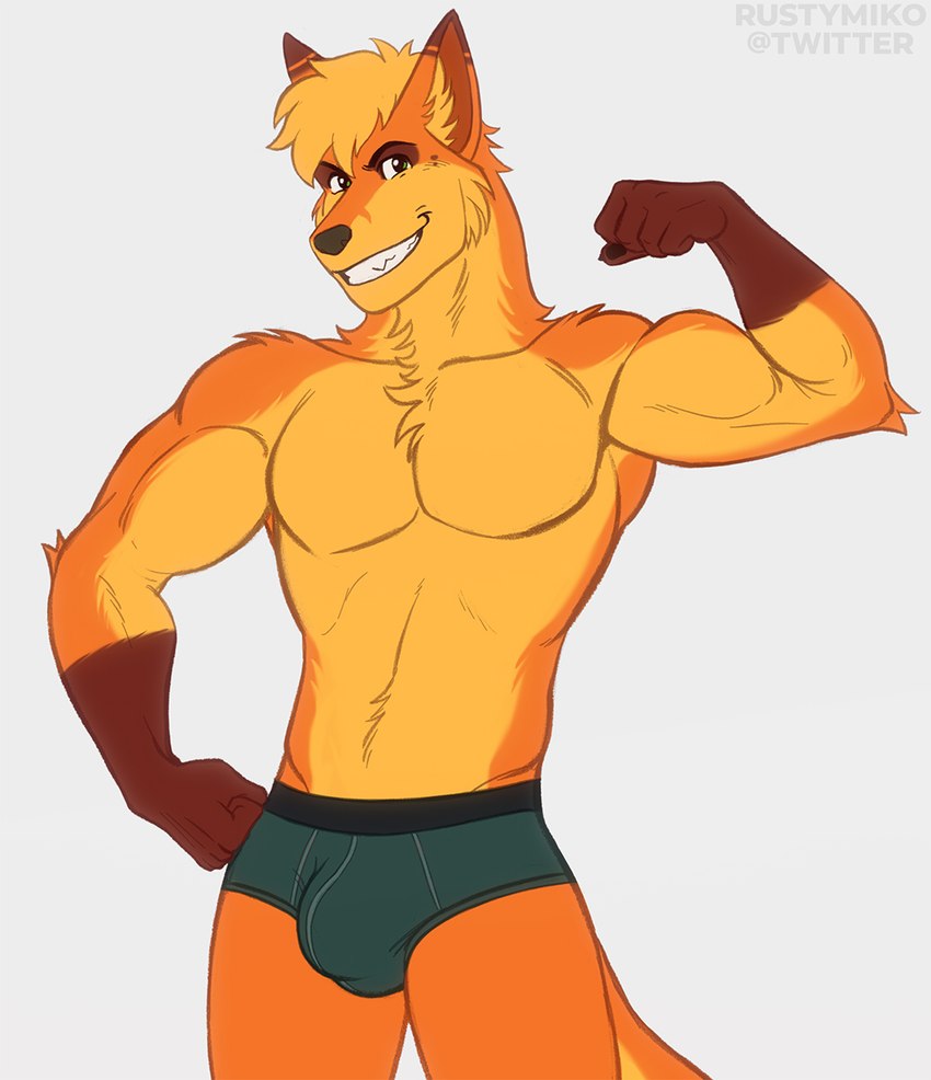 anthro biped blonde_hair brown_body brown_fur bulge clothing fur hair male multicolored_body multicolored_fur orange_body orange_fur simple_background solo underwear white_background yellow_body yellow_fur rustymiko canid canine fox mammal 2022 digital_media_(artwork) hi_res