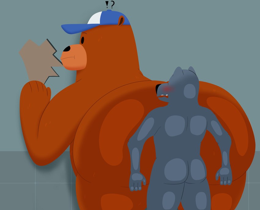 anthro big_butt black_nose blush butt butt_squish clothing dot_eyes duo exclamation_point grey_body hat headgear headwear humanoid_hands male male/male question_mark size_difference squish colossalstars bear_and_breakfast hank_(bear_and_breakfast) bear canid canine mammal 2022 absurd_res hi_res