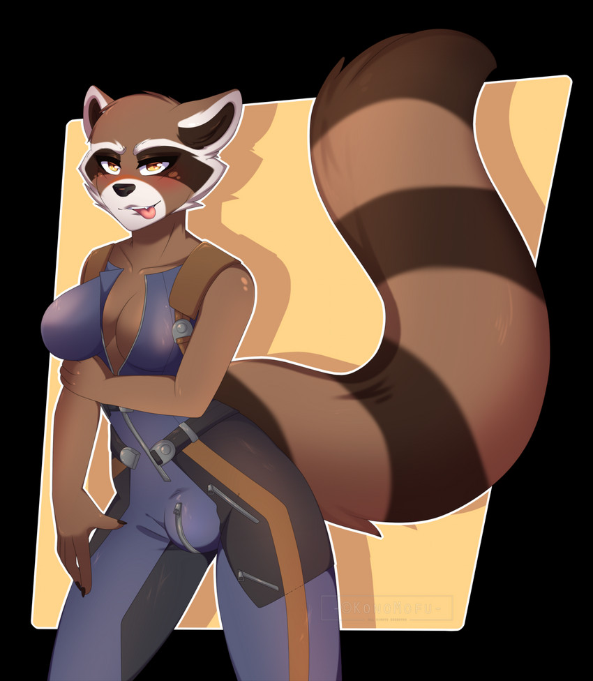 amber_eyes anthro big_breasts breasts bulge cleavage clothed clothing copyright_symbol crossgender fur gynomorph intersex jumpsuit looking_at_viewer solo symbol tongue tongue_out konomofu guardians_of_the_galaxy marvel rocket_raccoon mammal procyonid raccoon alpha_channel hi_res