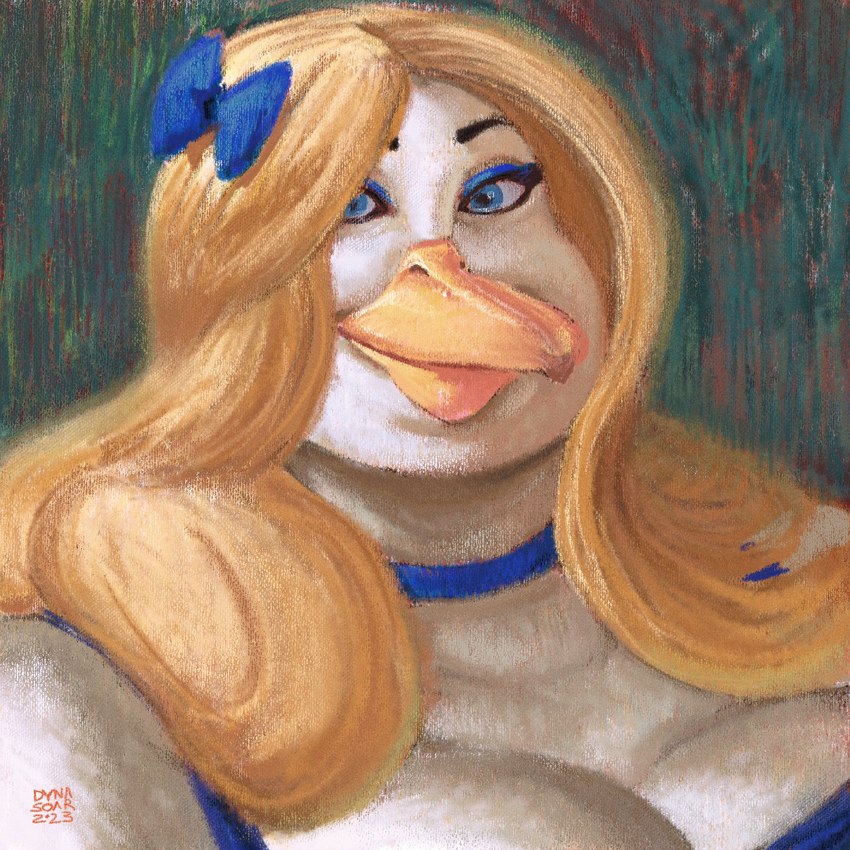 accessory anthro beak big_breasts blonde_hair blue_bow blue_choker blue_clothing blue_eyes blue_eyeshadow blue_jewelry blue_necklace blue_topwear bow_ribbon breasts choker cleavage clothed clothing digital_pastel_(artwork) eyebrows eyelashes eyeshadow feathers female hair hair_accessory hair_bow hair_ribbon impressionist_background jewelry long_hair looking_at_viewer makeup necklace overweight overweight_female ribbons smile smiling_at_viewer solo topwear white_body white_feathers yellow_beak dyna_soar anatid anseriform avian bird duck 2023 bust_portrait digital_media_(artwork) digital_painting_(artwork) hi_res painting_(artwork) portrait signature