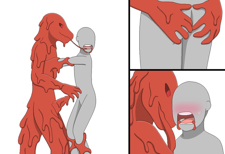 anthro blush bodily_fluids faceless_character faceless_human featureless_crotch forced genitals hand_on_butt looking_at_another male male/male open_mouth penis rape red_body restrained saliva saliva_string transformation fg2000 mythology dragon goo_creature human mammal mythological_creature mythological_scalie scalie