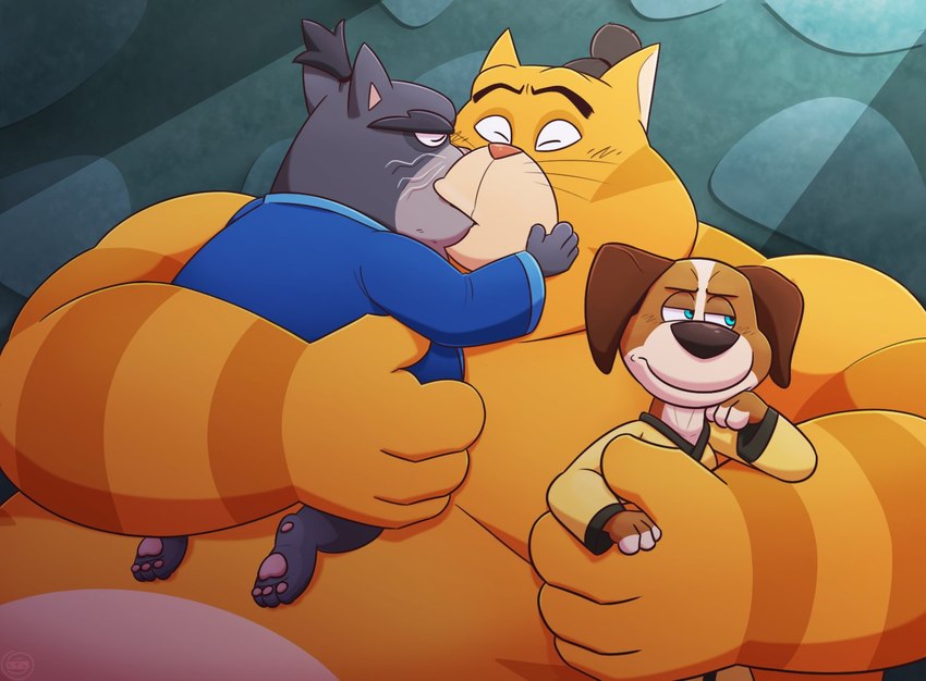 anthro belly big_belly clothed clothing eyes_closed group hug kissing male male/male overweight overweight_male size_difference leothelionel paws_of_fury:_the_legend_of_hank hank_(paws_of_fury) jimbo_(paws_of_fury) sumo_(paws_of_fury) canid canine canis domestic_cat domestic_dog felid feline felis mammal 2022 hi_res