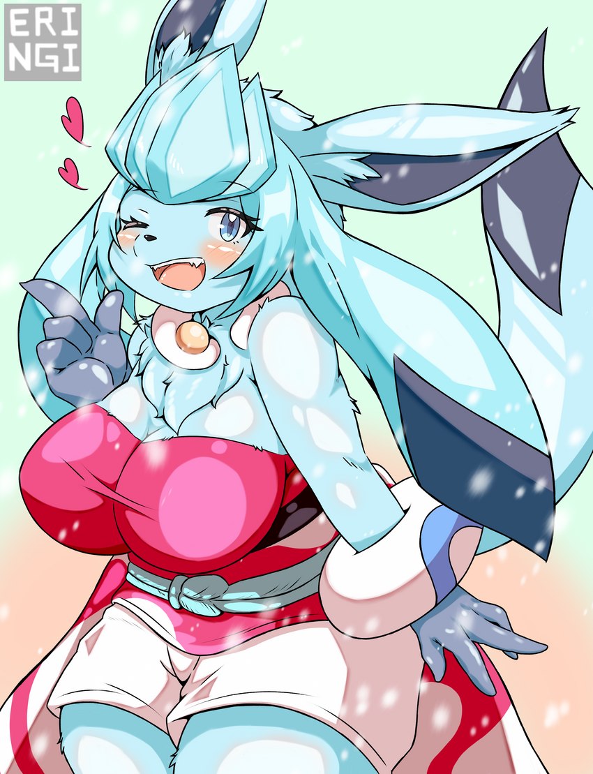 anthro anthrofied big_breasts blue_body blush breasts clothed clothing female fur heart_symbol pokemorph smile solo eringi nintendo pokemon canid canine eeveelution generation_4_pokemon glaceon mammal pokemon_(species) absurd_res hi_res