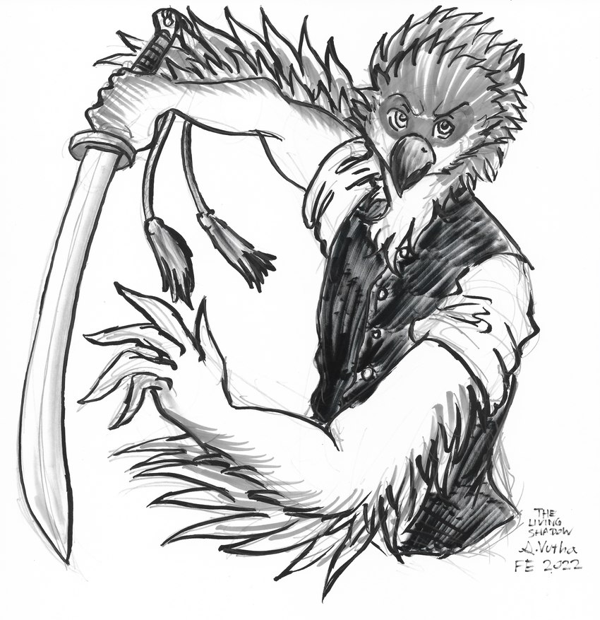 anthro button_(fastener) clothing feather_hands feathers furrowed_brow holding_melee_weapon holding_object holding_sword holding_weapon looking_at_viewer male melee_weapon rolled_up_sleeves solo sword tassels topwear vest weapon thelivingshadow rao_shen accipitrid accipitriform avian bird eagle philippine_eagle 2022 absurd_res graphite_(artwork) half-length_portrait hi_res marker_(artwork) monochrome portrait traditional_media_(artwork)