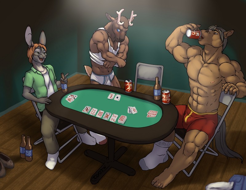 abs alcohol beverage biceps blush brown_body brown_fur clothed clothing fur gambling grey_body grey_fur group male muscular strip_poker undressing iggi eric_halver henry_waters radcliffe_royce cervine deer elk equid equine horse lagomorph leporid mammal rabbit absurd_res hi_res