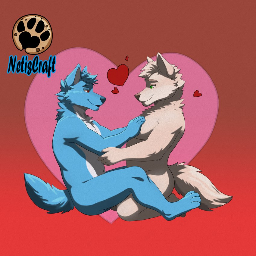 anthro blue_body blue_fur cuddling duo ears_up fur green_eyes heart_symbol holidays hug looking_at_another love male male/male paws red_eyes romantic romantic_couple tail tan_body tan_fur netiscraft valentine's_day canid canine canis mammal wolf 1:1 hi_res