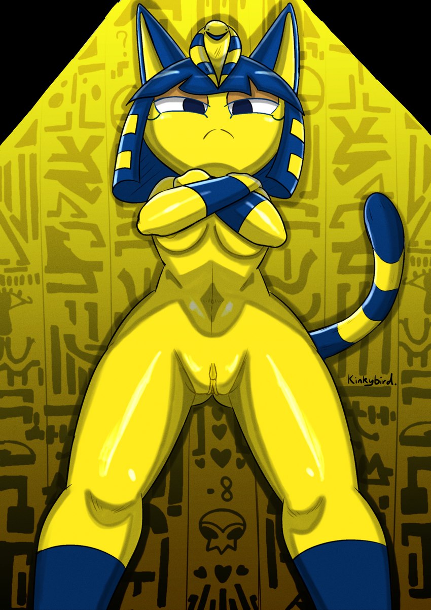 anthro barely_visible_areola blue_hair bob_cut breasts butt butt_from_the_front crossed_arms egyptian female frown fur genitals hair looking_at_viewer looking_down navel nude pussy solo standing under_boob wide_hips yellow_body yellow_fur kinkybird animal_crossing ankha_zone nintendo ankha_(animal_crossing) domestic_cat felid feline felis mammal hi_res meme