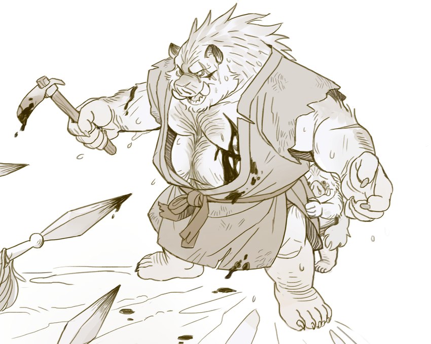 anthro asian_clothing blood bodily_fluids body_hair chest_hair clothed clothing duo fight heroic male mane melee_weapon polearm protecting scar simple_background slightly_chubby spear sweat tusks weapon white_background wounded young huynhduyad14 mammal suid suine sus_(pig) wild_boar 2021 absurd_res hi_res father_(lore) father_and_child_(lore) parent_(lore) parent_and_child_(lore)