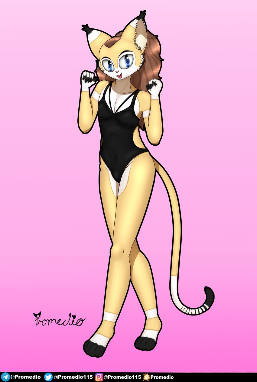 anthro blue_eyes brown_hair bulge clothed clothing crossdressing femboy fur hair looking_at_viewer male one-piece_swimsuit ponytail simple_background smile solo swimwear thick_thighs yellow_body yellow_fur promedio promedio_(character) domestic_cat felid feline felis mammal 2021 absurd_res hi_res