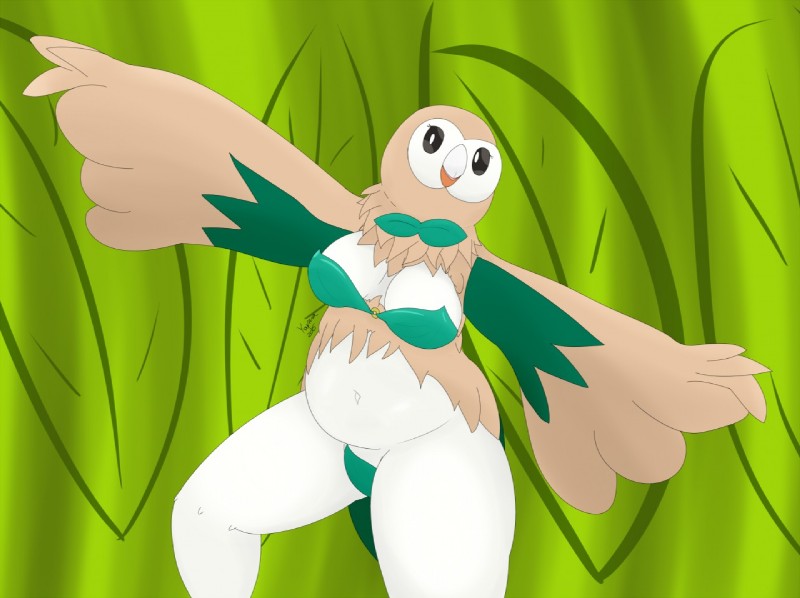 anthro anthrofied bow_(feature) bow_tie breasts brown_body female green_background green_body non-mammal_breasts pattern_background pokemorph simple_background slightly_chubby solo white_body kawma nintendo pokemon avian generation_7_pokemon pokemon_(species) rowlet 2016