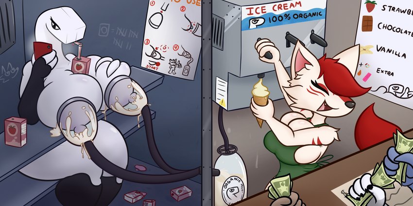 anthro apron banknote big_breasts bodily_fluids breast_milking breast_size_difference breasts bulging_breasts cleavage clothed clothing dessert drinking duo eyes_closed female female/female food holding_money holding_object ice_cream inside juice_box lactating money store tally_marks arturfox chara_senko_yukimoto k.o.mondo canid canine fox lizard mammal reptile scalie 2:1 absurd_res hi_res