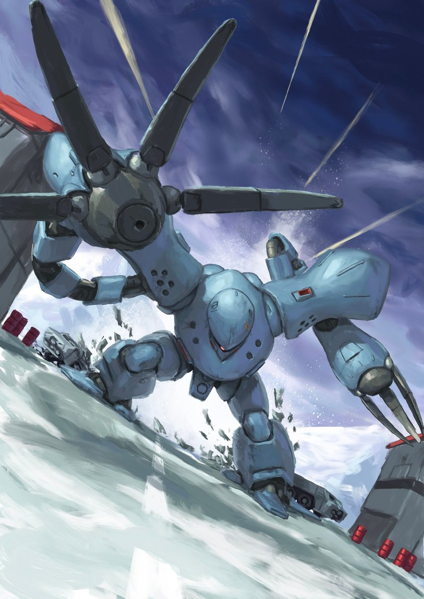 action_pose ambiguous_gender armor barrel building car claws contrail dutch_angle machine mecha missile_launcher not_furry outside pose segmented_arms sky skyscape solo standing text truck vehicle visor wide_stance redustheriotact gundam mobile_suit_gundam msm-03c_hygogg mobile_suit robot 2024 english_text hi_res