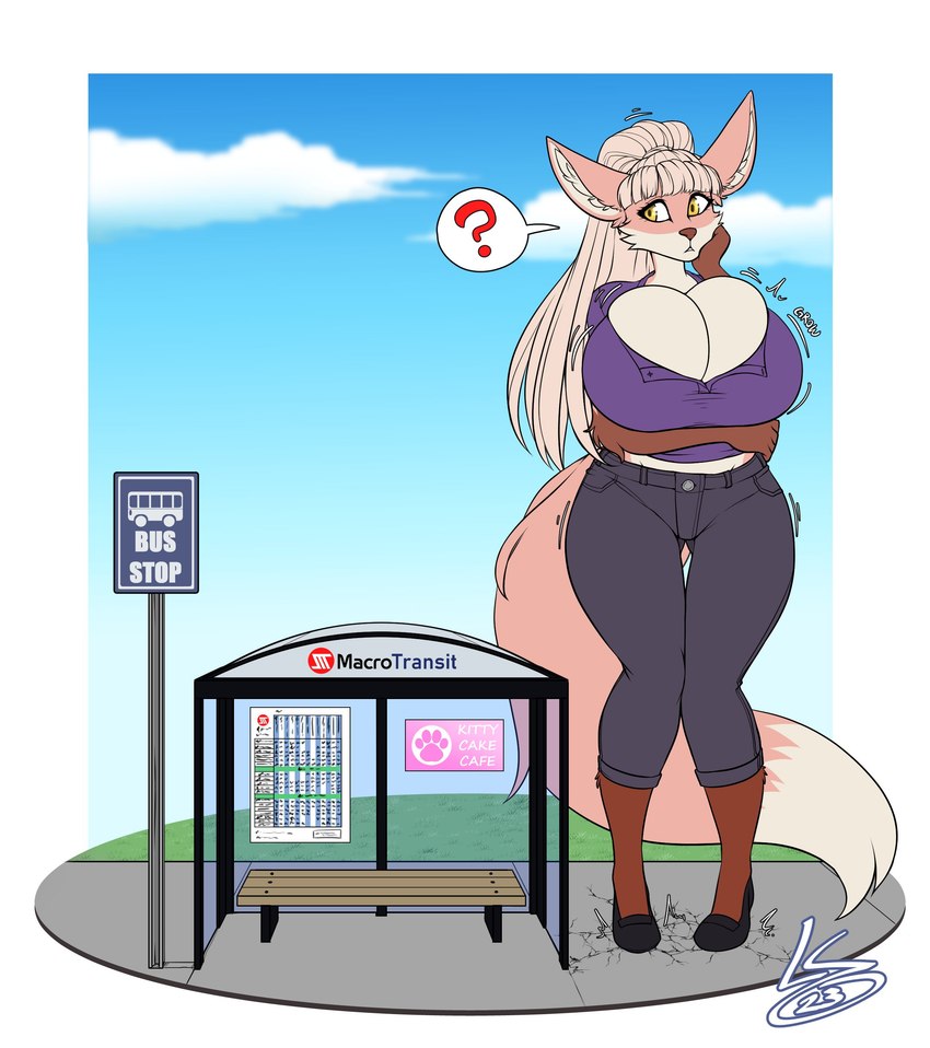 anthro bench big_breasts biped body_size_growth border bottomwear breast_expansion breasts bus_stop bus_stop_sign cleavage clothed clothing dipstick_tail expansion feet female footwear fur gloves_(marking) hair huge_breasts inner_ear_fluff long_hair macro markings motion_lines onomatopoeia outside pants question_mark shoes sidewalk sign size_transformation solo sound_effects speech_bubble standing tail tail_markings text thick_thighs topwear transformation tuft white_border yellow_eyes lunarspy loyse canid canine fennec_fox fox mammal true_fox 2023 absurd_res english_text hi_res