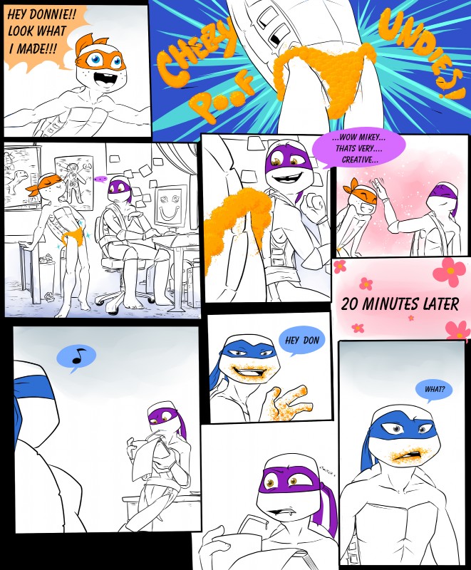 anthro clothing food humor male text underwear kamechuu cheetos frito-lay teenage_mutant_ninja_turtles donatello_(tmnt) leonardo_(tmnt) michelangelo_(tmnt) reptile scalie turtle absurd_res comic english_text hi_res