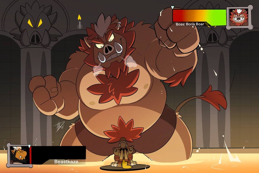 anthro beard belly black_hair chest_tuft clothed clothing duo facial_hair gameplay_mechanics gui hair health_bar lava male moobs nipples overweight overweight_anthro overweight_male red_hair size_difference tail topless tuft tusks underwear hikazedragon mythology boris_(heavyrocksboar) hikaze_(character) dragon mammal mythological_creature mythological_scalie scalie suid suine sus_(pig) wild_boar