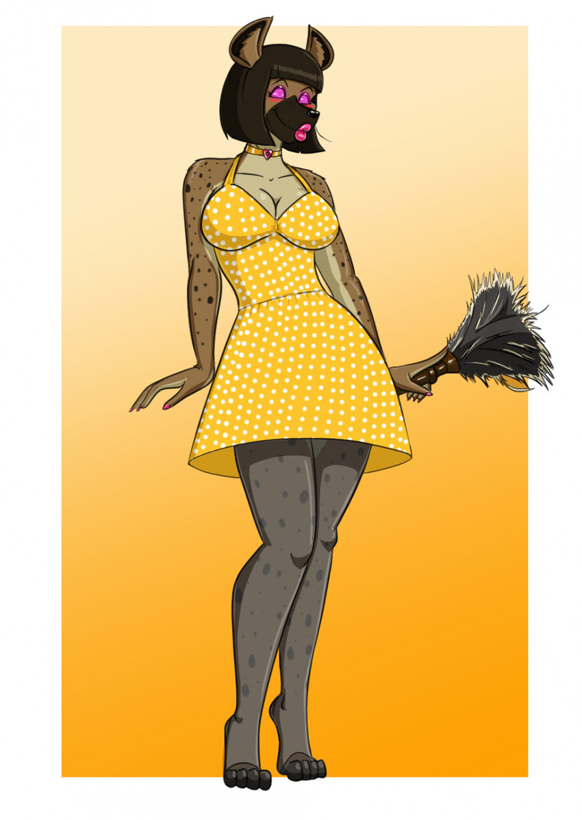 anthro brown_body brown_fur choker cleaning_tool clothing dress feather_duster female fur housewife jewelry legwear lipstick makeup necklace pantyhose pink_eyes polka_dots simple_background solo spiral_eyes stepfordization tiptoes faust1173 hyena mammal spotted_hyena hi_res